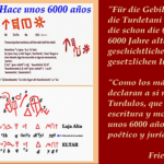 Se trata de la interpretación que el gran clasisista alemán Friedrich Carl L. Sickler publicó en 1832 sobre el pasaje de Estrabón donde este describe (hoy se acepta que usando como fuente Asclepiades de Mirlea) la extrema antigüedad de unos 6000 años de la escritura y de los anales sobre memorias antiguas (historia antigua), poemas y leyes en versos que los Turdetanos y/o Turdulos afirmaban poseer. Como ilustración de soporte a dicha afirmación, he elegido esta vez (habrá más versiones con otras importantes inscripciones) unos detalles de las inscripciones en Proto-Escritura Lineal Pre-Tartessia (ELTAR) de la 'Cueva de Laja Alta' (Jimena de la Frontera, Cádiz), cuyas pinturas negras (que siempre aparecen sobre las rojas, nunca por debajo de estas) han sido datadas científicamente por C14 circa el 4000 a. C., o sea, hace unos 6000 años.